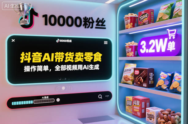 抖音AI带货卖零食，操作简单，全部视频用AI生成，一万粉丝，卖了3.2W单-小千网络