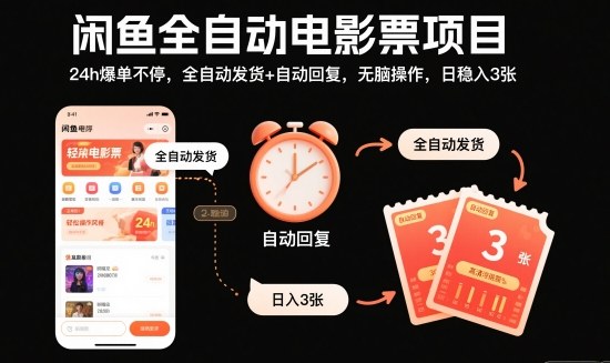 闲鱼全自动电影票项目，24h爆单不停，全自动发货+自动回复，无脑操作，日稳入3张【揭秘】-小千网络