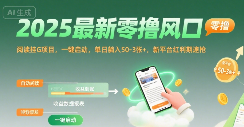 2025最新零撸风口，阅读挂G项目，一键启动，单日躺入 50-3张+，新平台红利期速抢【揭秘】-小千网络