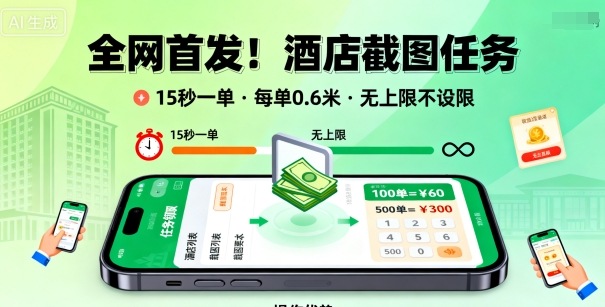 全网首发！酒店截图任务，15秒一单，每单0.6米，任务无上限不设限，矩阵操作单日3张到手【揭秘】-小千网络