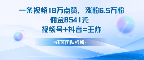 一条视频18W点赞，涨粉6.5W粉佣金8541米，视频号+抖音=王炸-小千网络